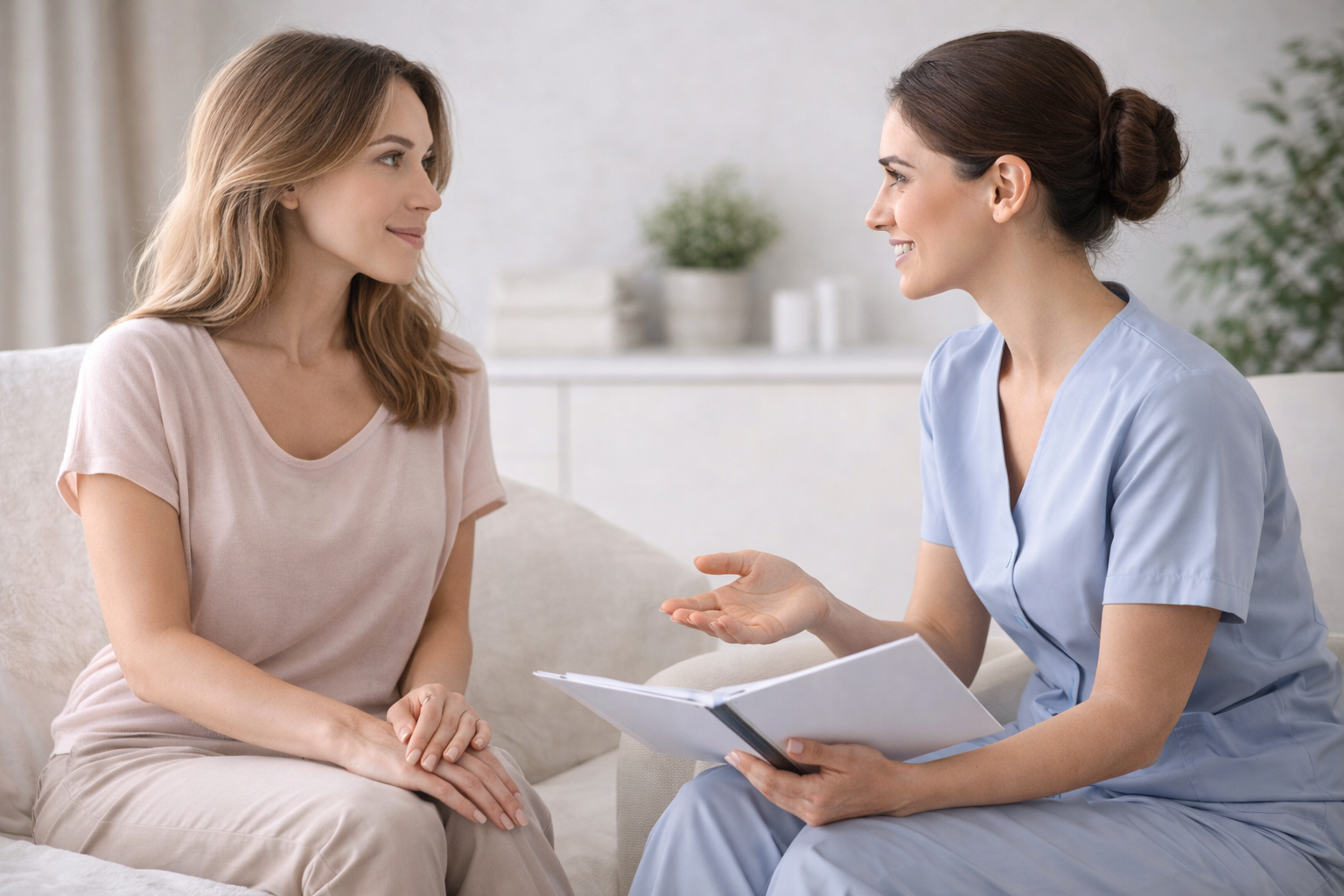 A person sitting in a comfortable, private consultation room, speaking with a professional who is listening attentively.
